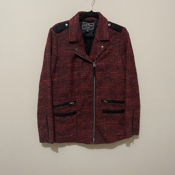 Lucky Brand Women's Mixed Moto Oversize Red Black Zipper Tweed Jacket M Medium - Picture 2 of 8
